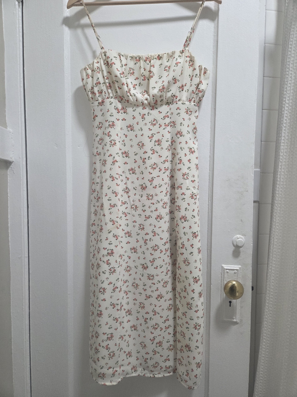 Cream Floral Spaghetti-Strap Midi Dress